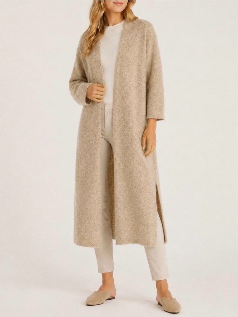 Eileen Fisher Project Long Cardigan Mohair Plush Melange Tan Size Medium